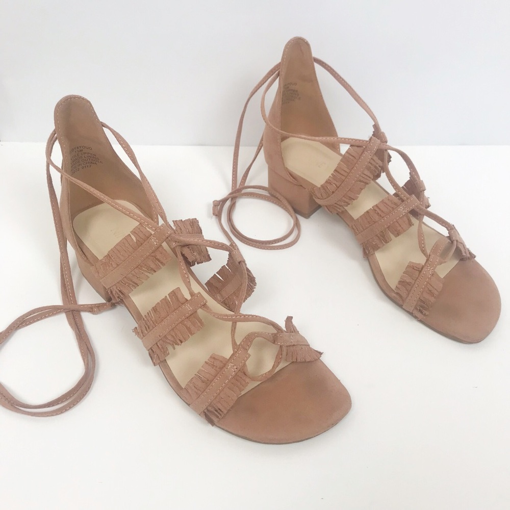 Nine West pink fringe ankle tie up sandal flats, size 7.5